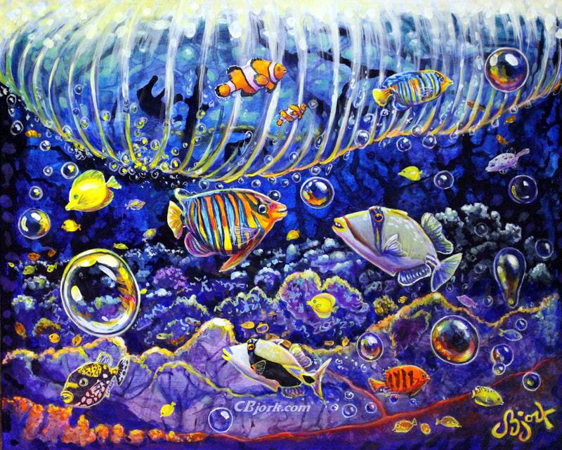 Original Fish Reef Sealife Painting, Trigger Fish In Surf Wave