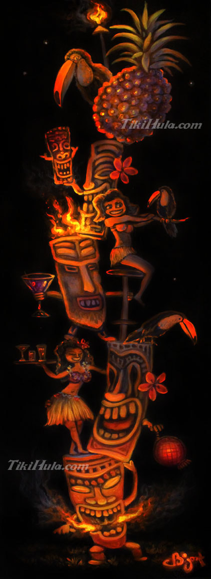 Tiki Lounge Painting with Toucans and Hula Girls holding Drinks, Cocktails